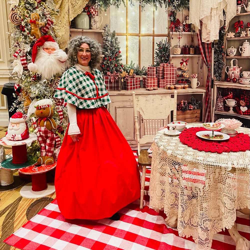 Dickens, Mrs. Clause Ladies Long red Skirt, Sash, Cape with Gingham.